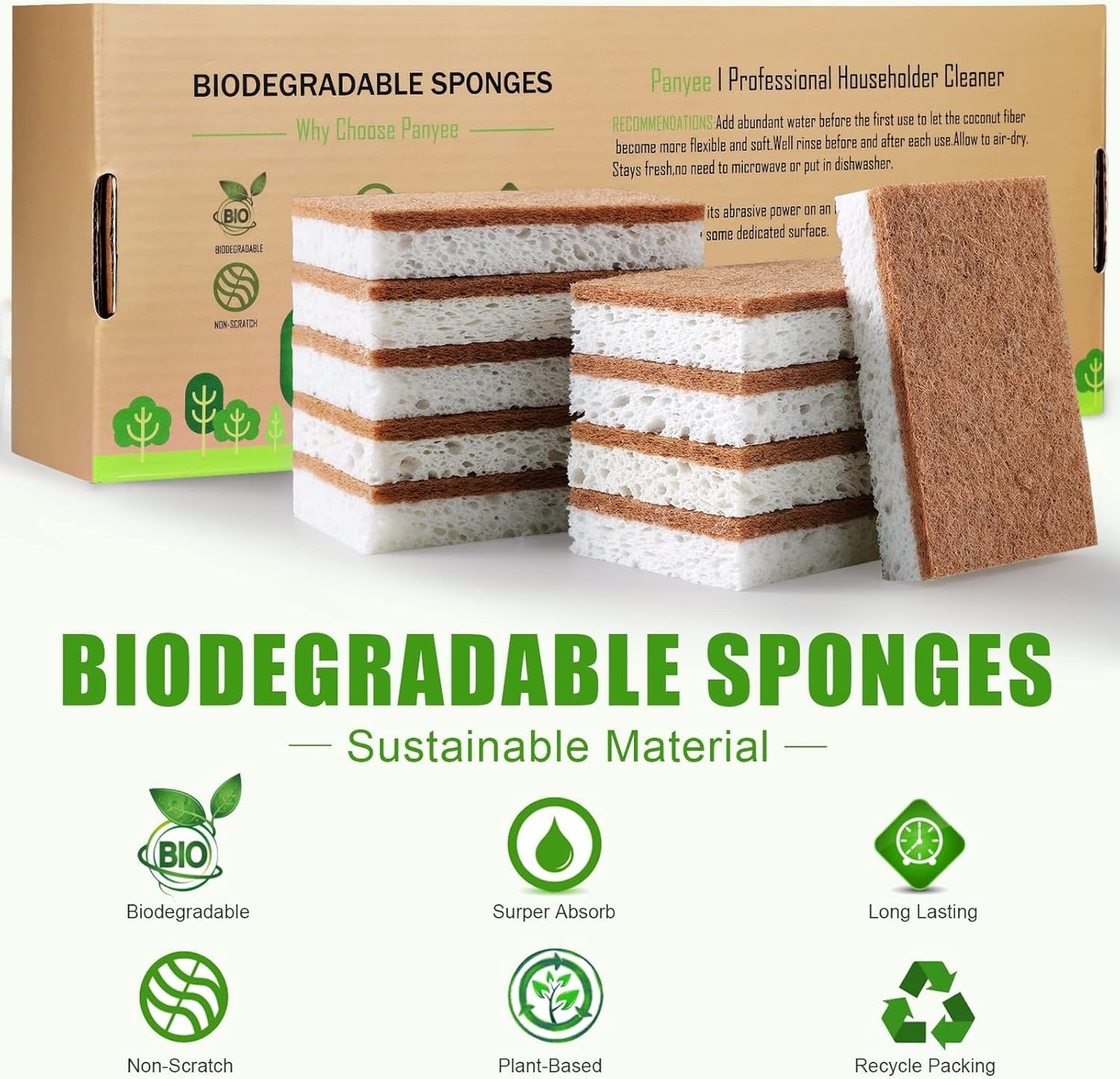Biodegradable Natural Kitchen Sponge,Eco Friendly Sponges for Dishes,Compostable Cellulose Sponge with Natural Plant Based Coconut Walnut Sustainable Scrubber Pack of 12