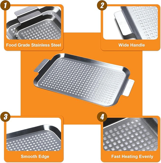 Grill Pan Set of 2, BBQ Grill Topper for Outdoor Grill, Stainless Steel Grilling Baskets with Holes and Handles, Perforated Food Tray Barbecue Accessories for Vegetable, Fish, Small x 2