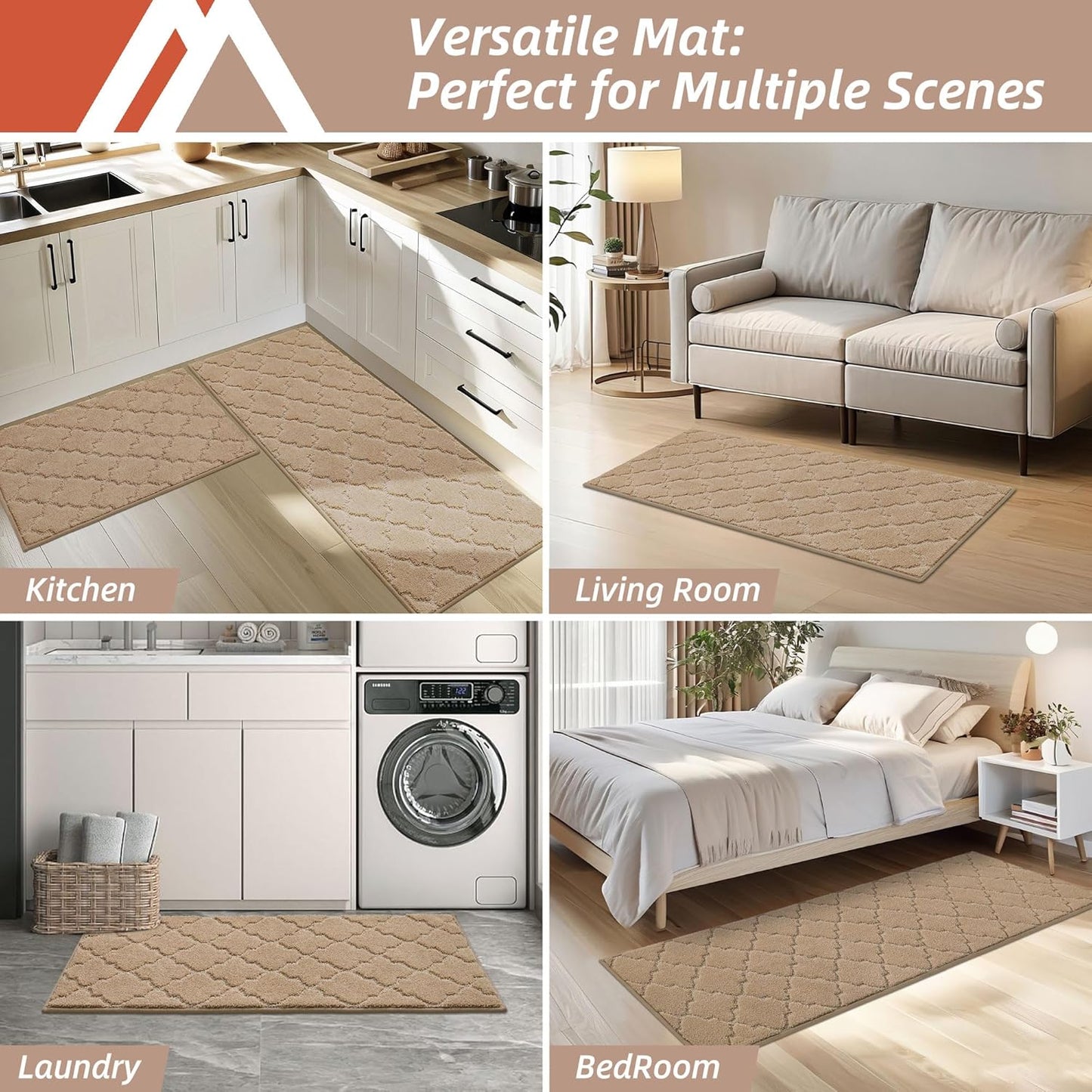 COSY HOMEER-Kitchen-Rugs 20"x48" Non-Slip Absorbent Soft Kitchen Runner Rug Polyester Kitchen Mats for Floor Washable Kitchens Standing Floor Mat for Sink Mat,Hallway,Laundry, Beige