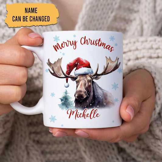Hyturtle Personalized Gifts Moose Lover - Moose Wearing Santa Hat Custom Name Ceramic Coffee Mug Cup 11oz - Cute Animal Lovers Gifts For Women, Girl kids Family On Birthday, Christmas