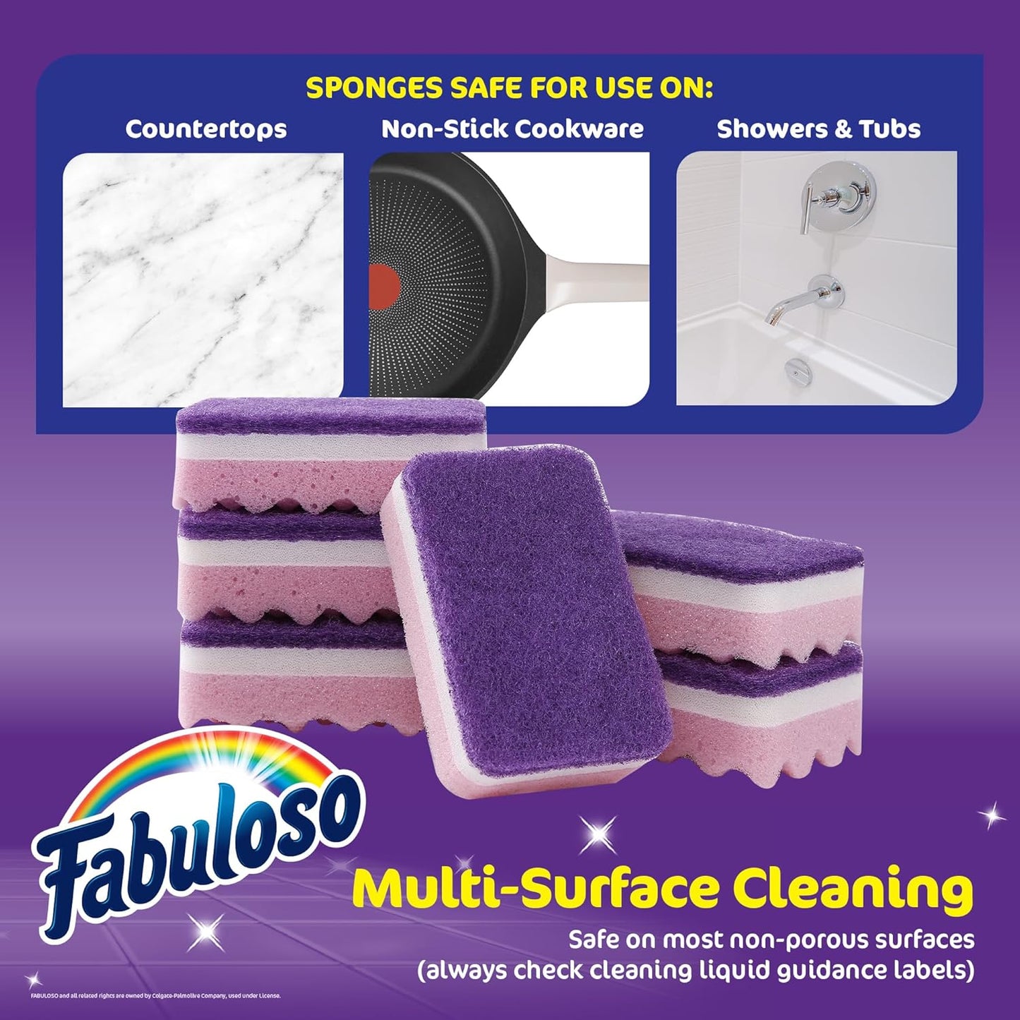 Fabuloso Sponges, Purple - Scratch-Free Scrubber for Dishes and Surfaces - Dishwashing Sponge for Bold and Bright Cleaning Experience, 6 Count