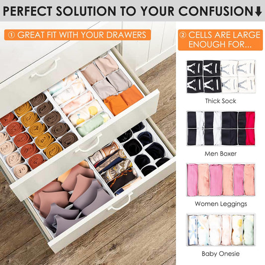 Drawer Organizer Clothes, 8 Pack Dresser Organizer Bins for Baby Clothes, Underwear Sock, Fabric Closet Organization and Storage Dividers for Nursery Bedroom (96 Compartments, White)