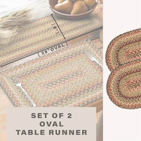 Homespice Kingston Jute Braided Table Runner, Warm Country Decor, Set of 2, Multicolor Oval 8x28 - Rich Colors, Easy to Clean, Durable and Protects Furniture