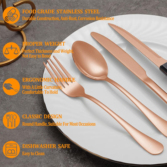 24 Pcs Rose Gold Silverware Set with Steak Knives Service for 4,Stainless Steel Flatware Set,Mirror Polished Cutlery Utensil Set, Kitchen Eating Tableware,Include Fork Knife Spoon Set,Dishwasher Safe