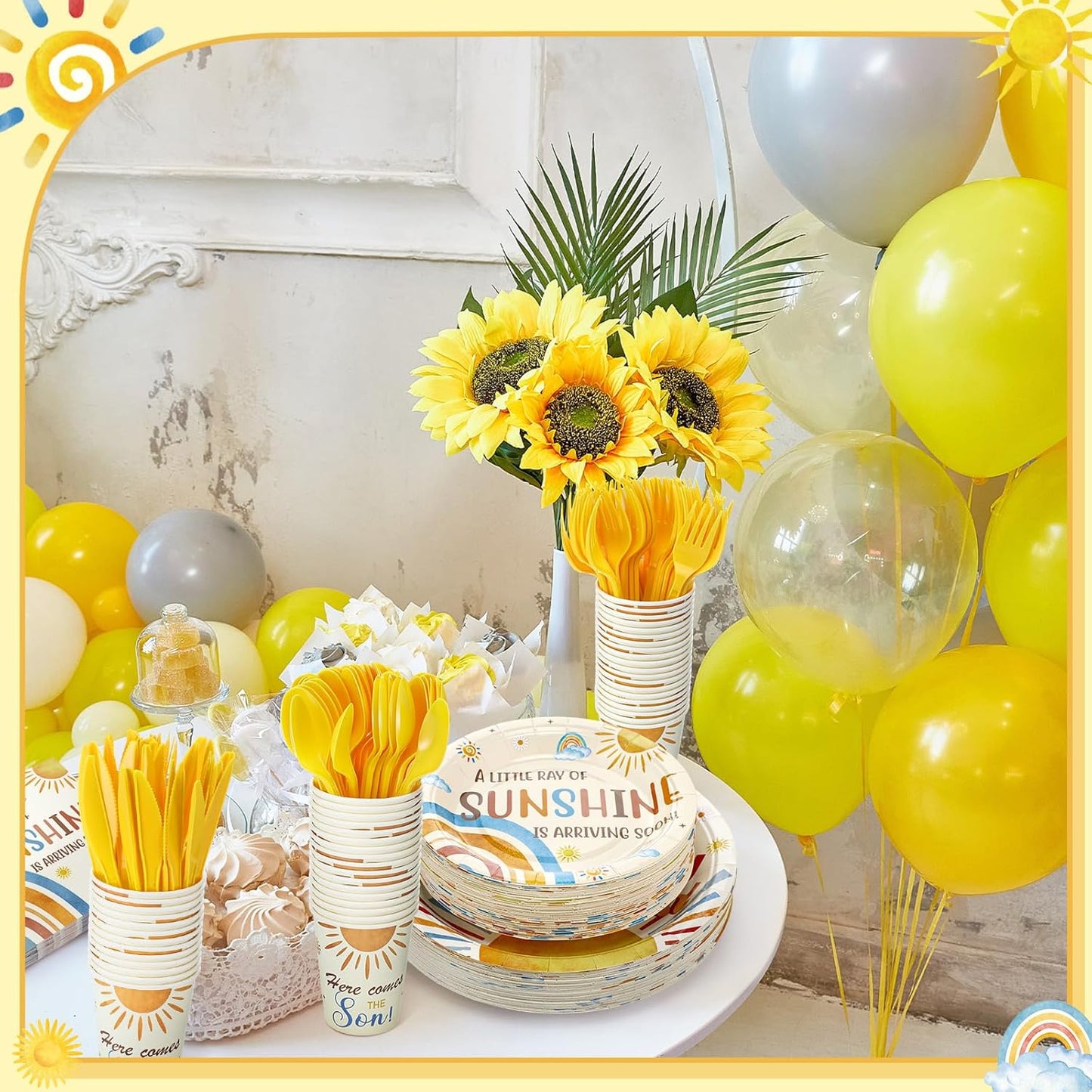 Dandat 350 Pcs Baby Shower Plates Set Baby Shower Party Supplies Serves 50 Tableware Sets Include Plates Napkin Cup Forks Knives Spoons Disposable Dinnerware(Son,Yellow)