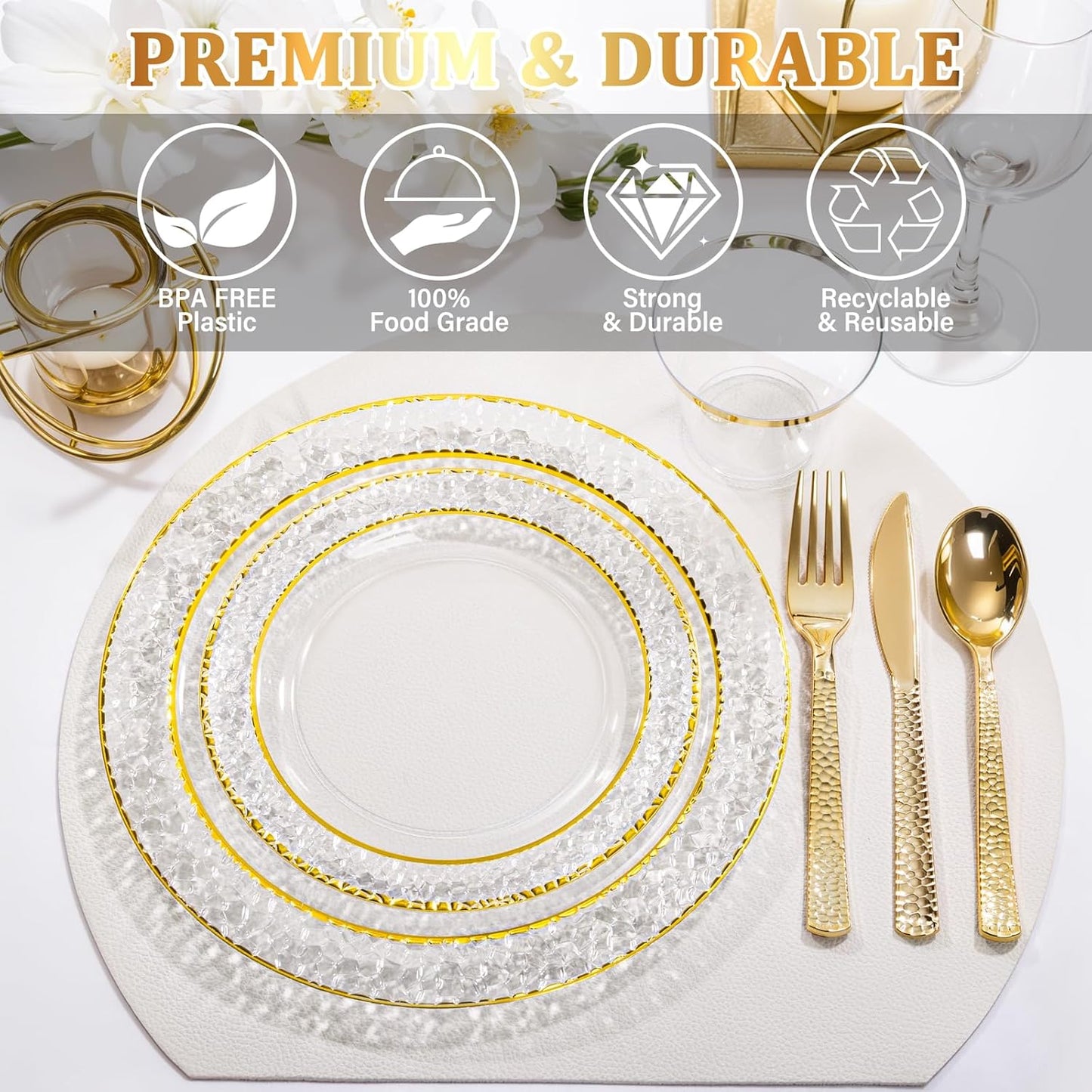 Nervure 150Pcs Clear Plastic Plates with Gold Hammered Silverware include 25Dinner Plate, 25Dessert Plate, 25Knives, 25Forks, 25Spoons and 25Cups for Wedding & Parties & Thanksgiving