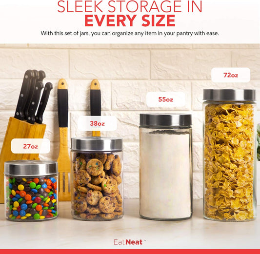 EatNeat 4-Piece Sleek Glass Canister Set with Brushed Stainless Steel Lids – Giftable, Durable Storage Containers for Countertop Use – Dishwasher-Safe Jars in Various Sizes for Pantry & Kitchen