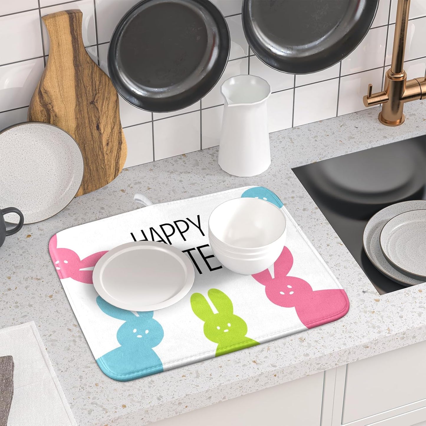 Spring Easter Dish Drying Mats for Kitchen Counter 16×18 Inch Cute Bunny Rabbit Small Microfiber Drying Mat Kitchen Accessories Dish Rack Mat Drainer Pad Washable Absorbent