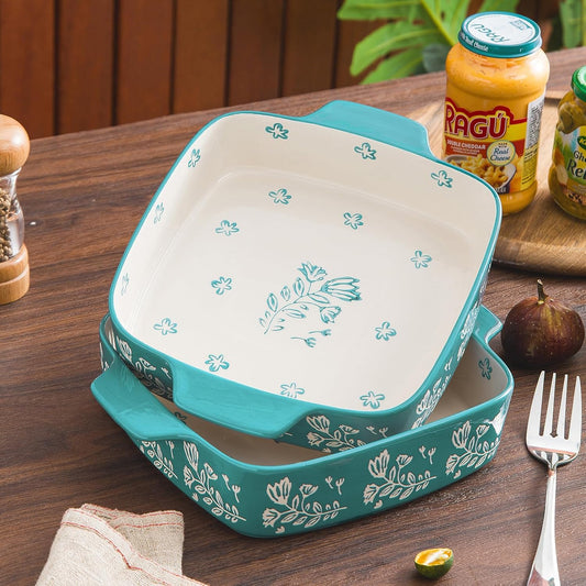 Wisenvoy 9x9 Baking Pan Set, Ceramic, 2-pcs Green, Square, Glazed, Oven, Dishwasher, Microwave, Freezer Safe