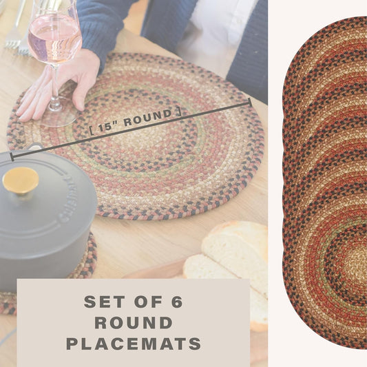 Gingerbread Jute Woven Round Placemats Set of 6, 15", Warm Country Decor, Brown Table Mats - Vibrant Colors, Durable, Easy to Clean and Protects Furniture