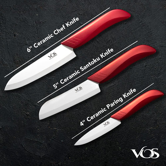 Vos Ceramic Knife Set in Elegant Gift Box, Ceramic Knives Set For Kitchen, Ultra Sharp Kitchen Knife Set with Covers, 4" 5" 6" Paring, Santoku & Chef Knife, Lightweight, Dishwasher safe (Red Handle)