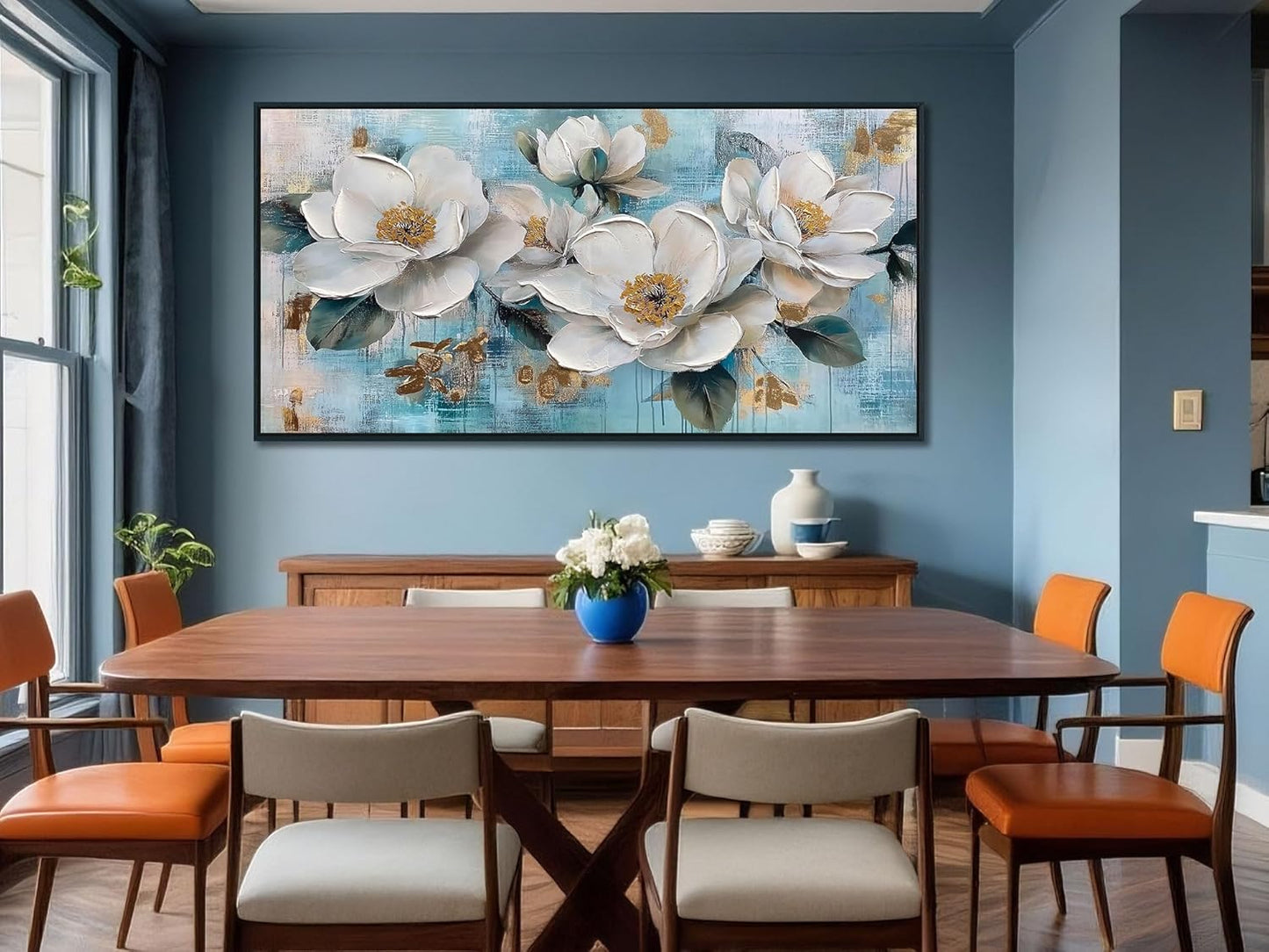 Ardemy White Floral Wall Art, Framed Canvas Wall Art For Living Room Large Teal Pictures Wall Decor Flower Paintings Artwork for Walls Dining Room Bedroom Home Office 48"x24"