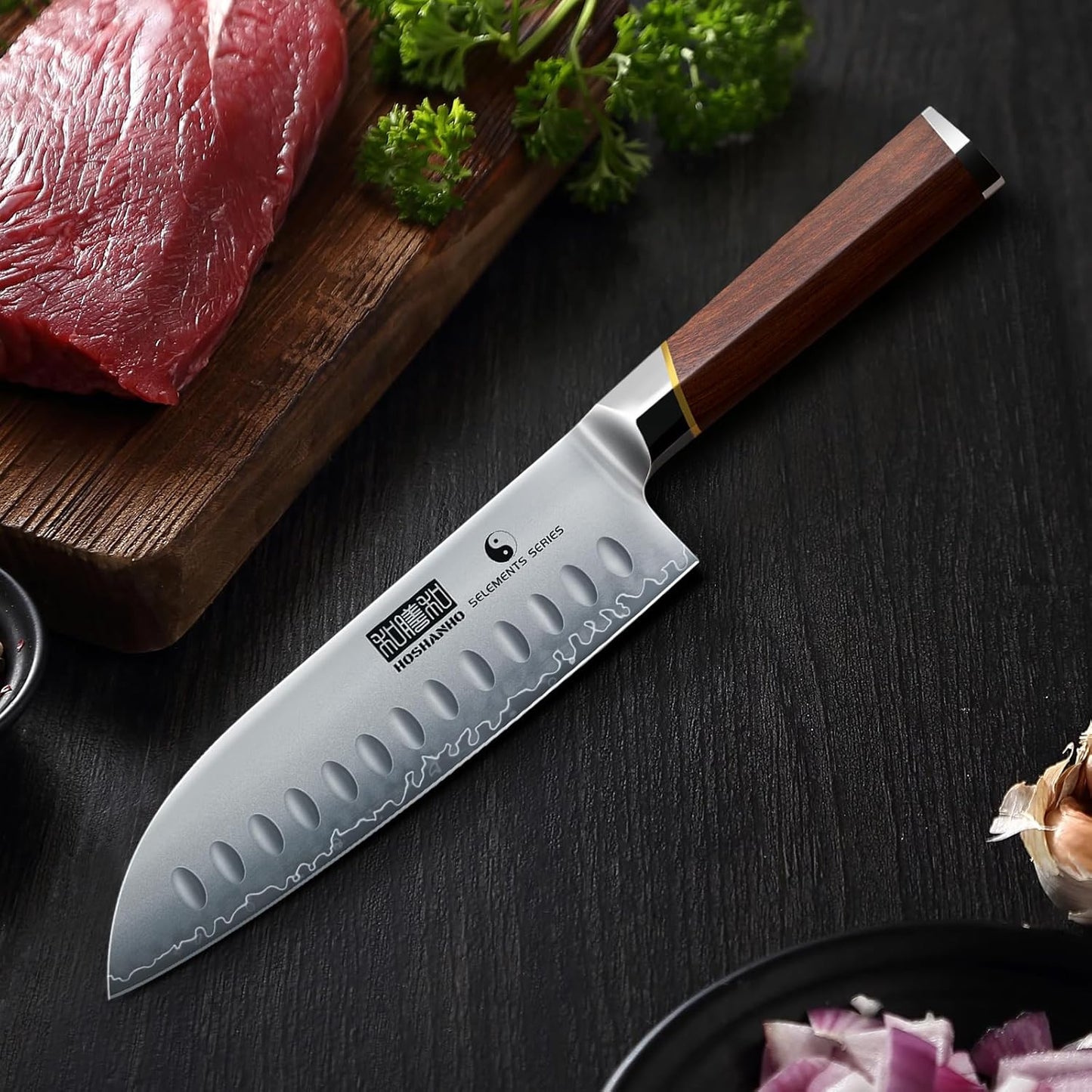 HOSHANHO 7 Inch Santoku Knife,Professional Japanese High Carbon Steel Chef Knife, Razor Sharp Kitchen Knife with Ergonomic Red Sandal Wooden Handle - Gift Box