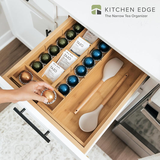KitchenEdge Tea Bag and Coffee Pod Kitchen Drawer Organizer, Expandable 9.7 to 17 Inches, 10 Accessory Compartments with Adjustable Wall Inserts, Non-Slip Rubber Feet, 100% Sustainable Bamboo Wood