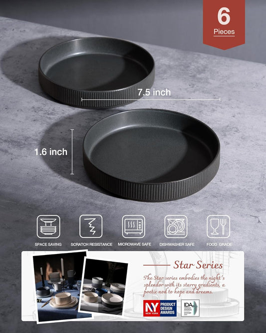famiware Star 7.5" Pasta Bowls Set, Salad Bowl Set of 6, Double Reactive Glaze, Stackable, Perfect for Your Friend for Housewarming, Thanksgiving, Christmas, Matte Dark Charcoal (Full Glaze)