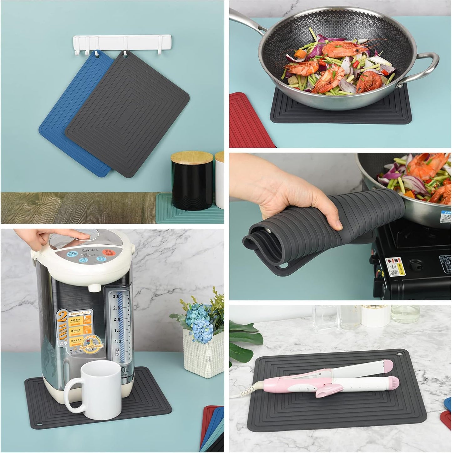 Silicone Trivets for Hot Dishes and Pots - Kitchen Hot Pads, Pot Holders Mat, Heat Resistant Mats for Quartz Countertops - Set of 2, Dark Gray