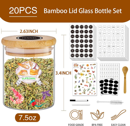 SLifeJars-Spice Jars with Label, 7.5 oz 20pcs Spice Containers Glass Jars with Bamboo Lids, Seasoning Containers Bottles,Airtight Empty Spice Jars for Spice Rack, Drawer,Cabinet,Pantry