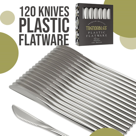 Trendables Disposable Silverware - 120 Pack Plastic Cutlery Set With Knives, Beautiful Silver Plastic Utensils