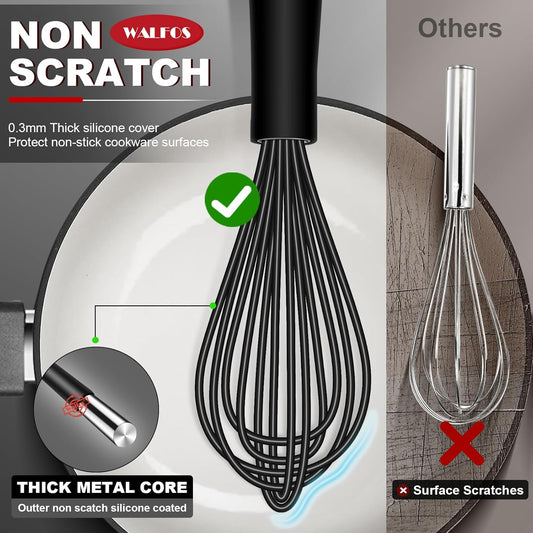 Walfos Silicone Whisk,11 Inch Silicone Whisks for Cooking Non Scratch,BPA Free Kitchen Whisk Heat Resistant (480°F) Perfect for Blending,Whisking,Beating,Mixing.Dishwasher Safe (Black)
