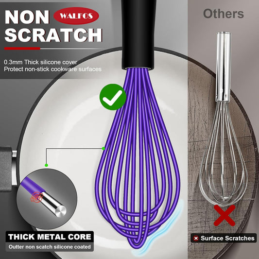 Walfos Whisk,7+9+11in Silicone Whisks for Cooking Non Scatch,Kitchen Whisk,BPA Free and Heat Resistant 480°F,Wisk Perfect for Frothing,Blending,Beating.Dishwasher Safe 3pcs Dark Purple