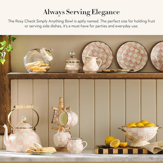 MACKENZIE-CHILDS Enamel Bowl, Serving Bowl for Entertaining, Simply Anything Bowl, Small, Pink-and-White Rosy Check