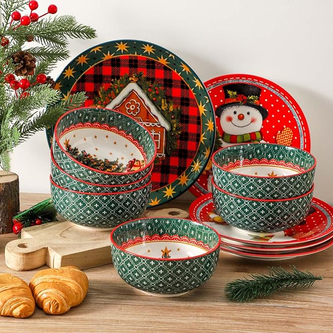 glowworm Christmas Dinnerware Sets for 6, 18 Pieces Plates and Bowls Set, Ceramic Dishes Set for 6, Oven, Microwave & Dishwasher Safe