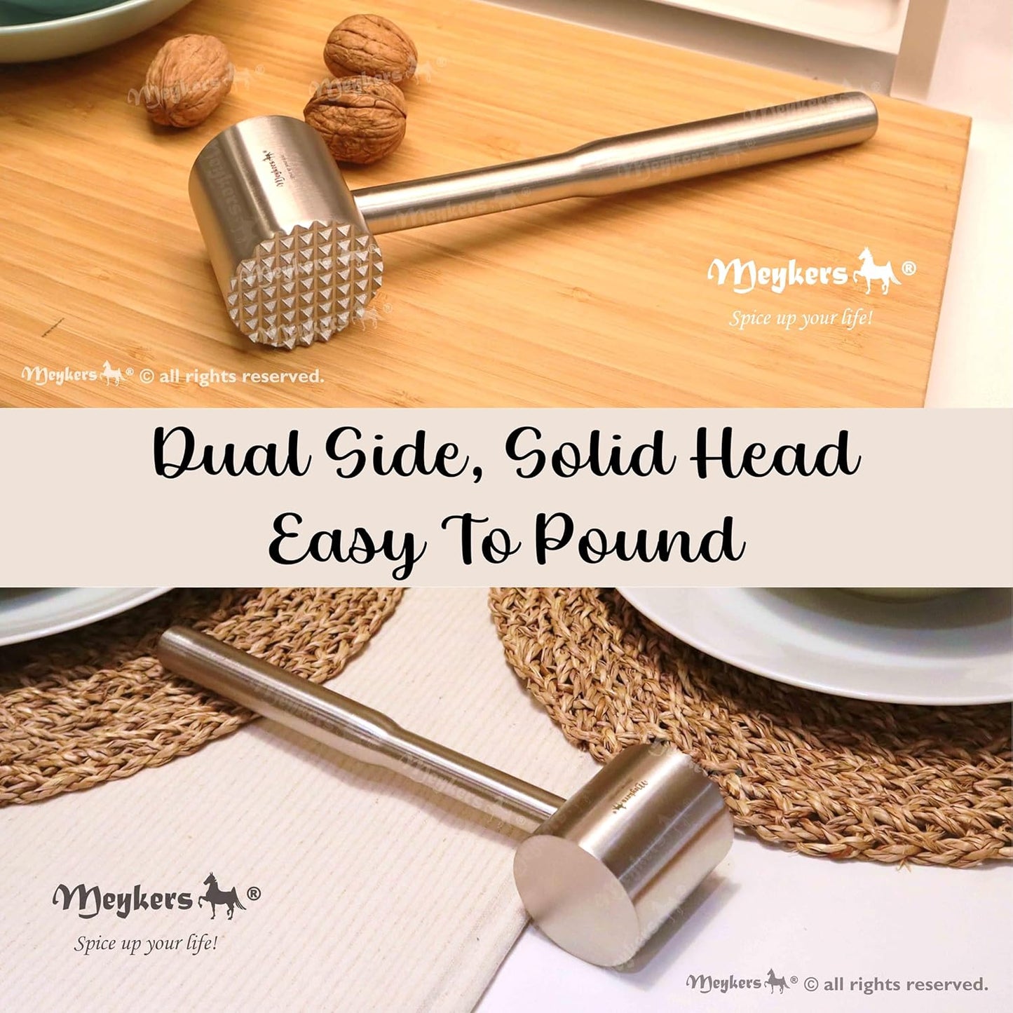 Meykers Meat Tenderizer Mallet | Dishwasher Safe | All 304 Stainless Steel | Perfect Weight | Meat Hammer Pounder Flattner Beater | for Steak Beef Chicken Pork | Kitchen Tool for Cooking