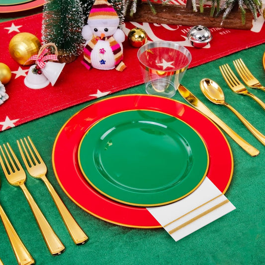 SUT 350pcs Green and Red Plastic Plates For 50 Guests, Plates Disposable Heavy Duty, Plastic Plates Disposable, Party Plates And Cups And Napkins Sets, Disposable Plates for Party and Wedding