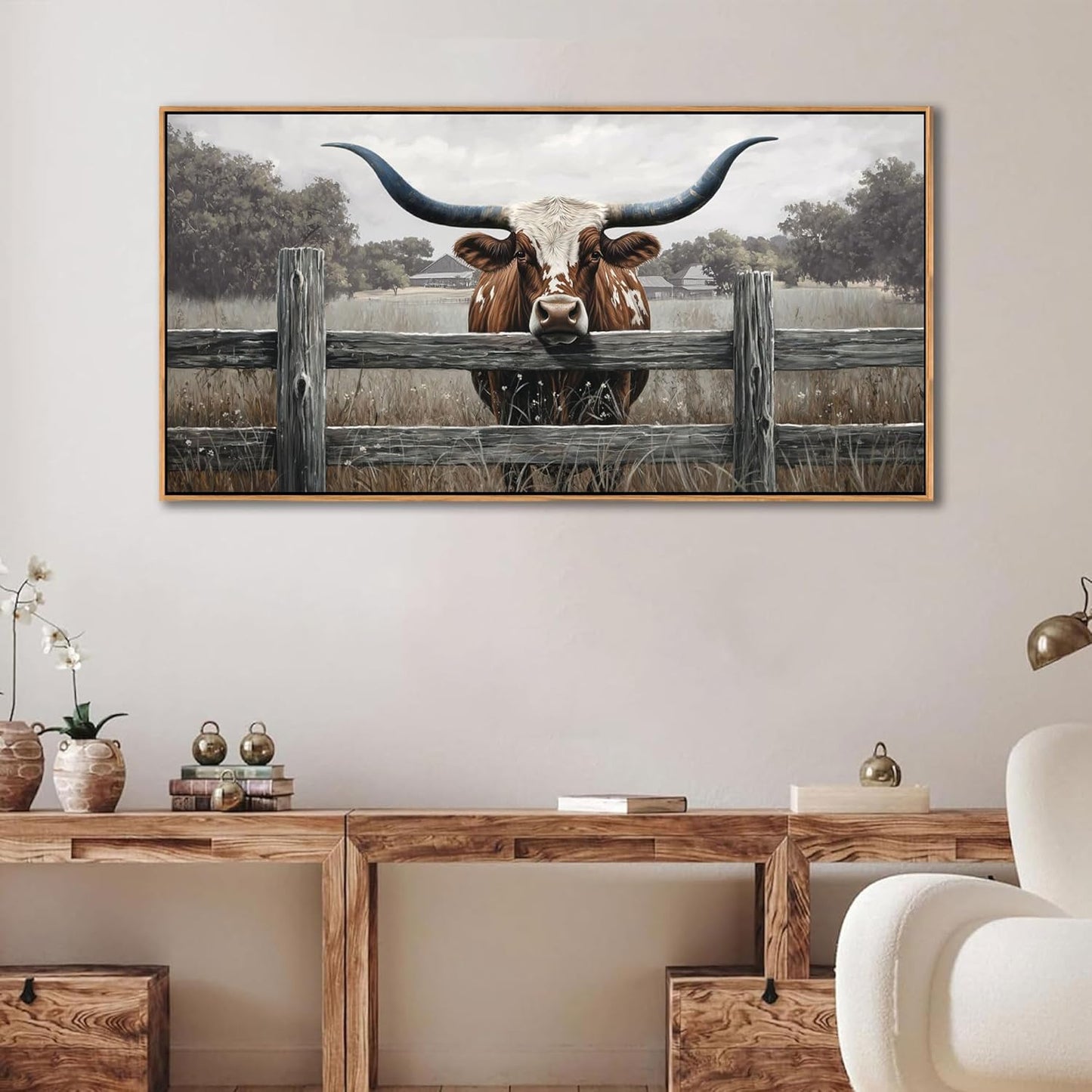 Highland Cow Wall Art - Rustic Farmhouse Wall Art for Country Wall Decor, Vintage Artwork for Walls, Framed Pictures for Living Room, Large Canvas Painting for Bedroom Above Bed 24×48IN