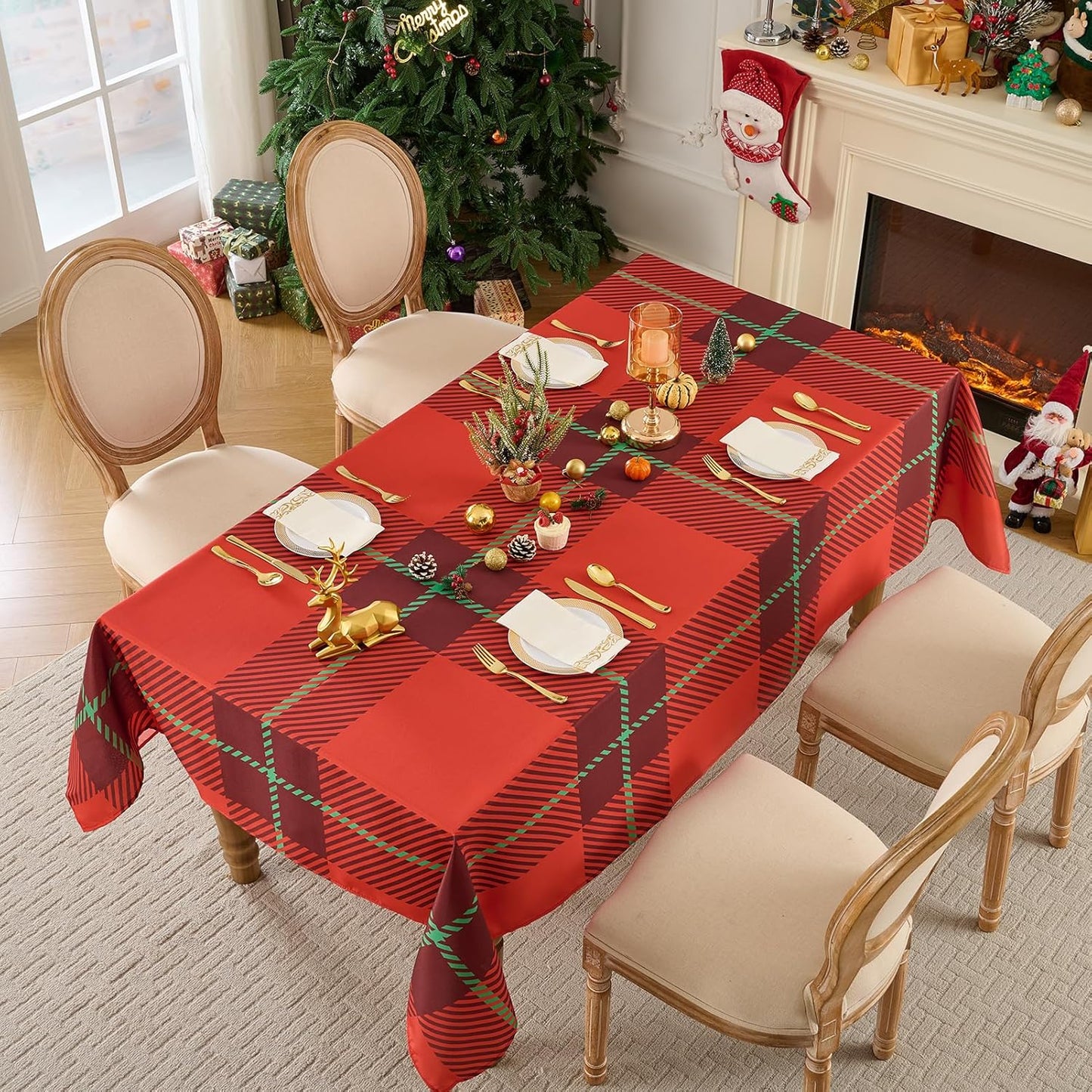 Christmas Tablecloth Rectangular 60x84 Inch Waterproof, Machine Washable Checkered Polyester Table Cover for Xmas Party, Winter Holiday Home Decoration in Festive Checkered Red 1pack
