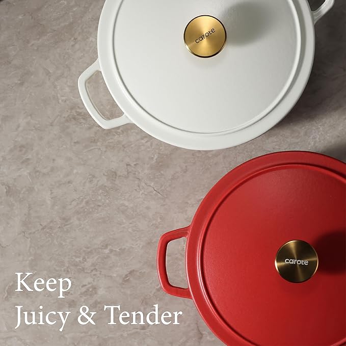 CAROTE Cast Iron Dutch Oven Pot with Lid, Enameled Dutch Oven for Sourdough Bread Baking, Dual Handles, Heavy-Duty Cast Iron Pot, 5QT, Cream White