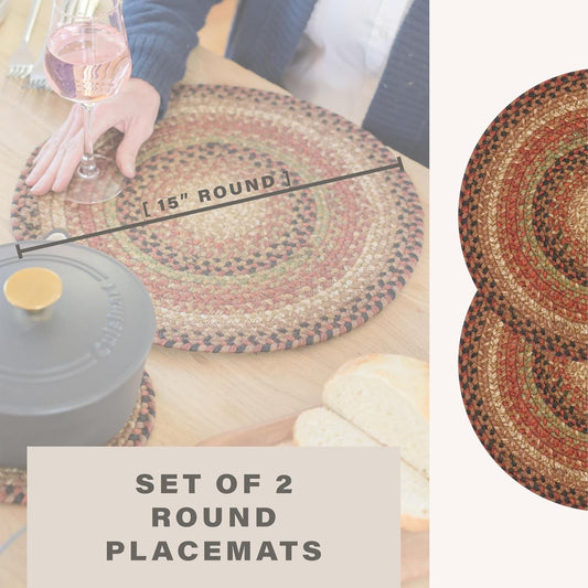 Gingerbread Round Braided Placemats, Warm Country Decor, Set of 2, 15", Brown Jute Table Mats - Vibrant Colors, Durable, Easy to Clean and Protects Furniture