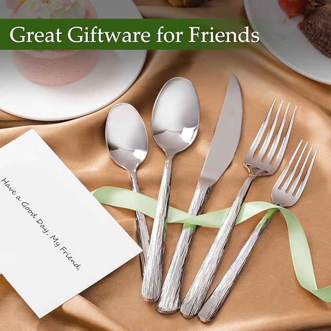 Aisoso 40-Piece High-End Silverware Set with Stone Patterned Handle Mirror Finished Stainless Steel Serving Utensils for 8, Durability and Dishwasher Safe for Home, Restaurant, Weddings