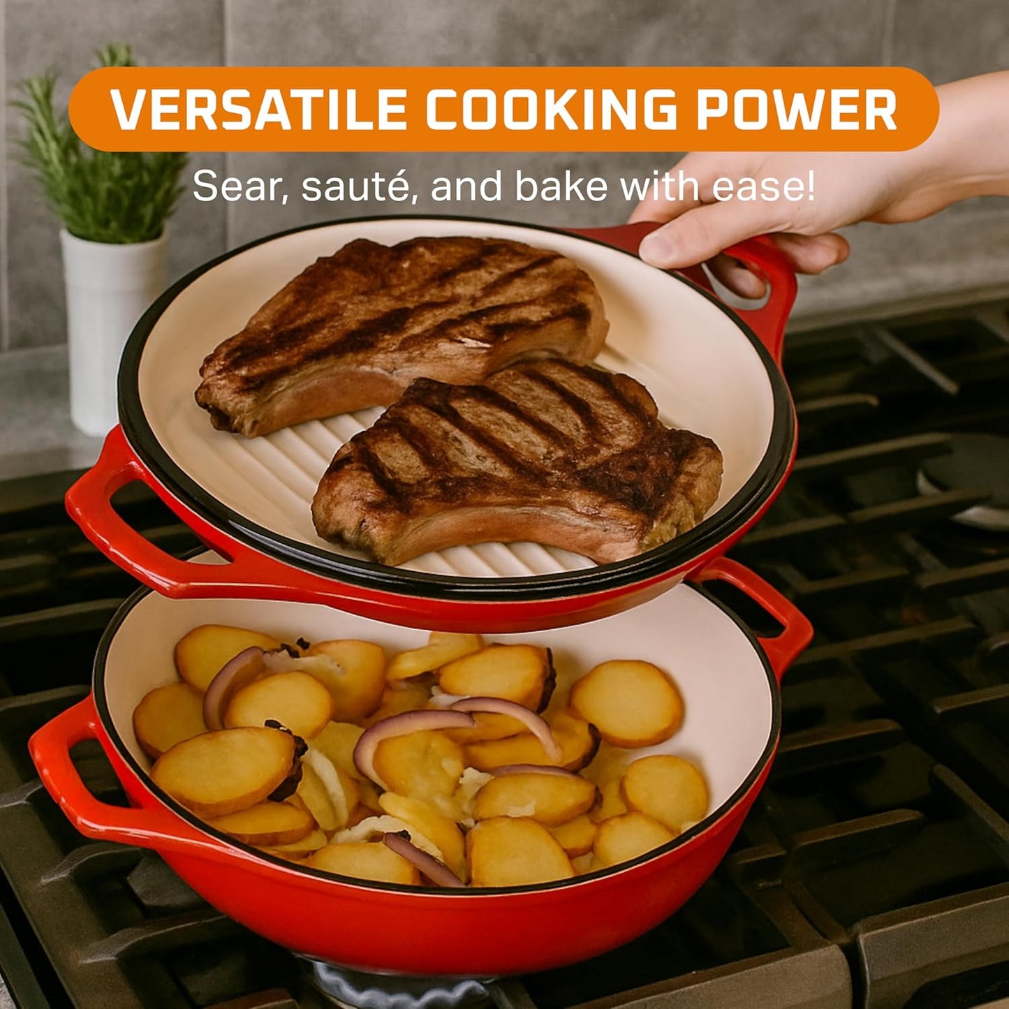 Bruntmor 2-in-1 Pre-Seasoned Cast Iron Pan |Cocotte Double Braiser Pan with Grill Lid 3.3 Quarts - Barbecue Grill Non Stick Frying Pan - Nonstick Cookware Set with Wide Handle (Red)