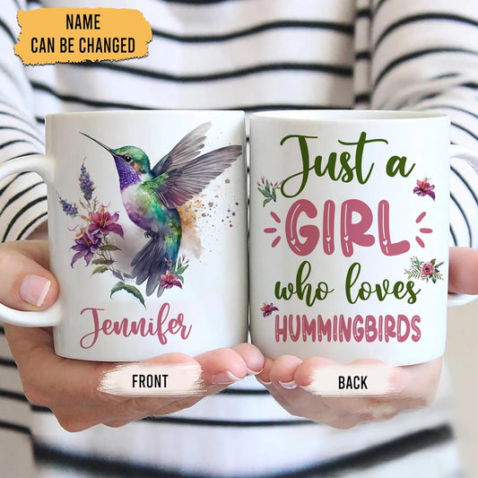Hyturtle Personalized Gifts Hummingbird Lover - Just A Girl Who Loves Hummingbirds Custom Name Ceramic Coffee Mug Cup 11oz - Idea Cute Animal Lover Gifts For Women, Girl On Birthday, Christmas