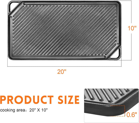 GGC Cast Iron Griddle for Gas Stove, Reversible Griddle for Gas Grills, 20 x 10 Flat and Ribbed Griddle Plate for Outdoor and Indoor Cooking
