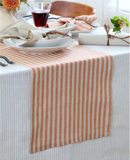 Solino Home Table Runner 36 Inches - Amalfi Stripe 100% Pure Linen Pumpkin and Natural Table Runner 14 x 36 Inch Ideal for Dresser and Coffee Tables - Fall, Autumn, Halloween, Thanksgiving