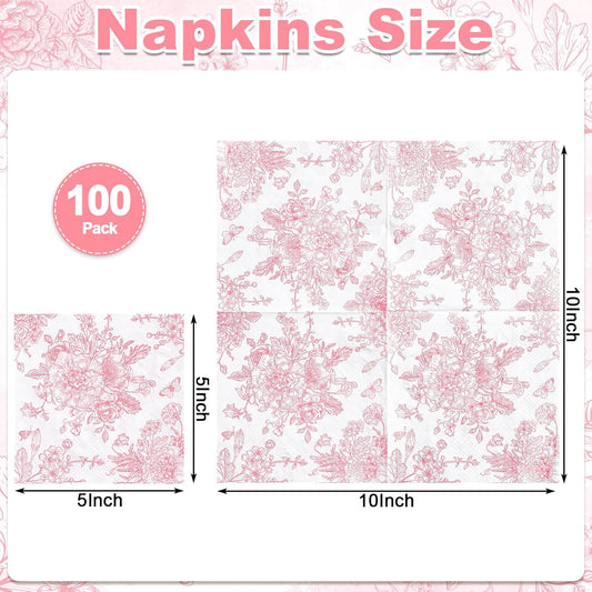 100 Pcs Pink Floral Napkins, Pink and White Toile Cocktail Napkins Vintage Flower Butterfly Design Cute Decoupage Napkin for Wedding, Bridal Baby Shower, Tea Party, 5 x 5 Inch