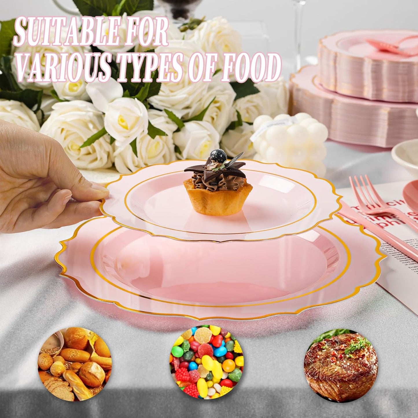 120PCS Pink Plastic Plates, Disposable Elegant Party Plate with Gold Rim, Heavy Duty 60 Dinner and 60 Dessert Fancy Plates for Party and Wedding