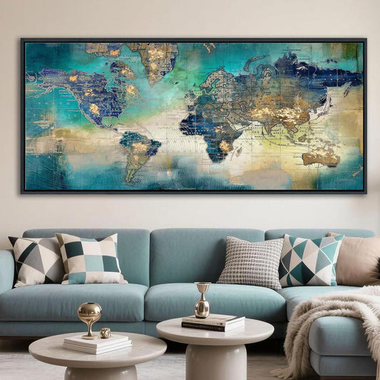 Large World Map Canvas Prints Wall Art for Living Room Office Green World Map Picture Artwork Decor for Home Decoration Black Framed Wall Art