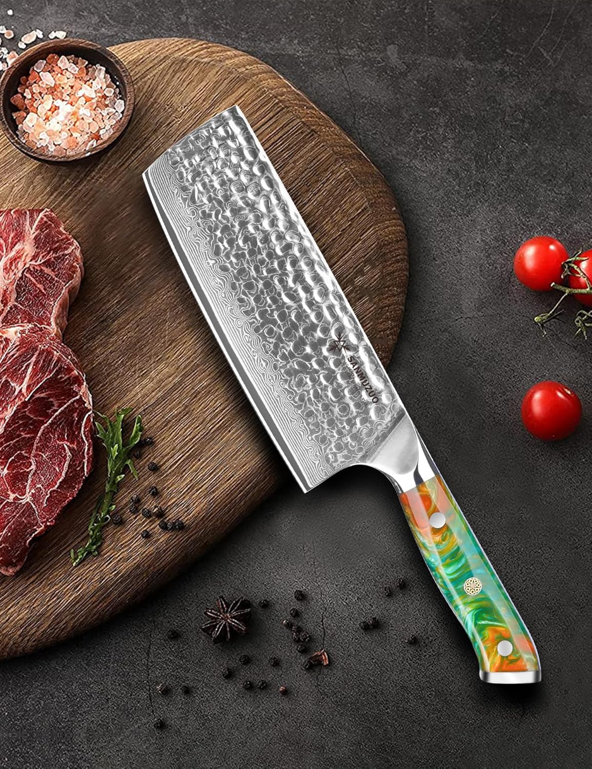 7" Nakiri Knife - Vegetable Cleaver Kitchen Knives - Japanese Usuba Knife - Hammered Damascus Steel & Resin Handle - YAO Series