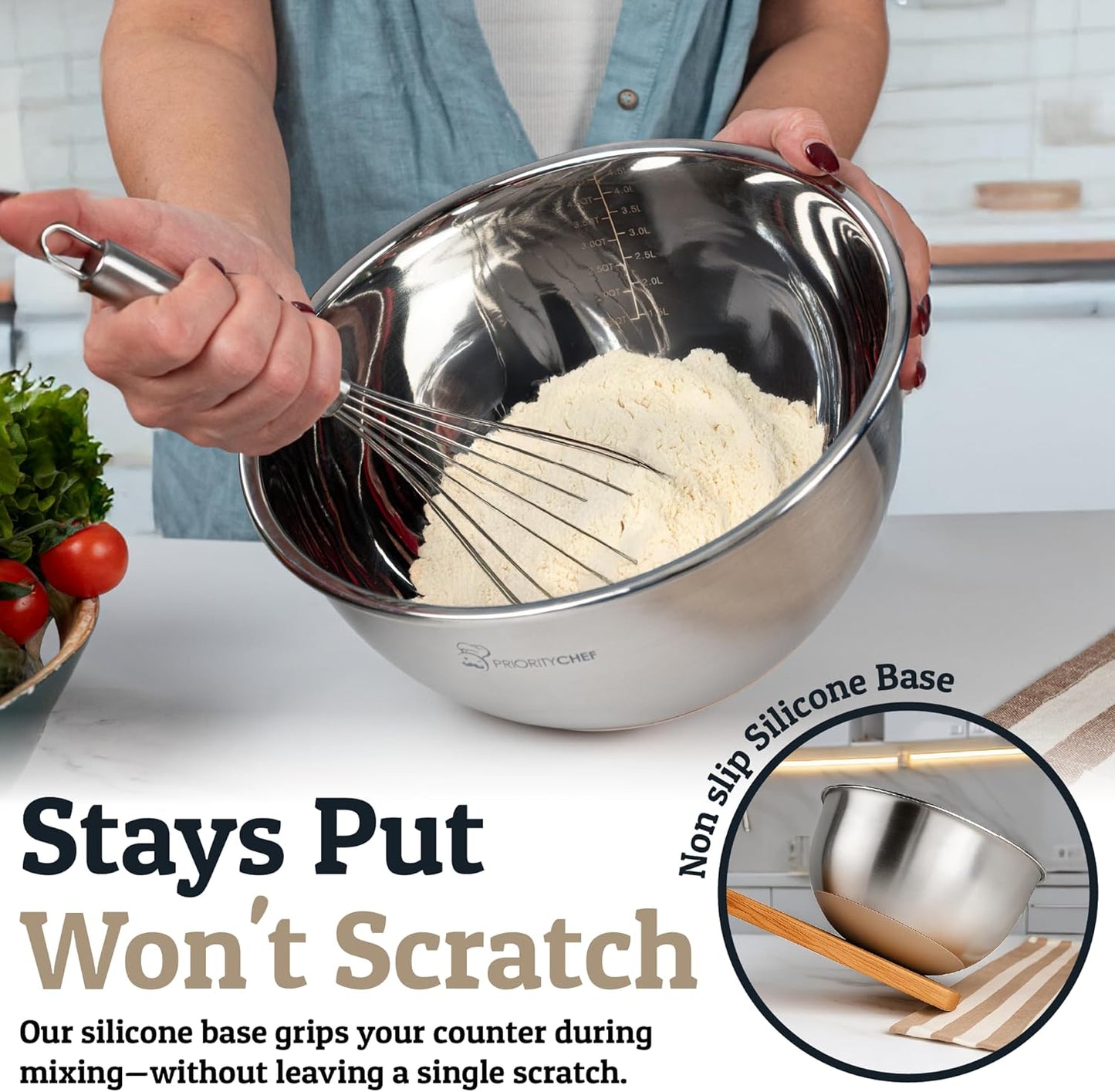 Priority Chef Stainless Steel Mixing Bowls with Lids Set, Metal Nesting Bowls with Airtight Lids, Graters, Non-Slip Base & Measurement Marks, Includes Utensil Set for Prep, Baking & Storage, Khaki