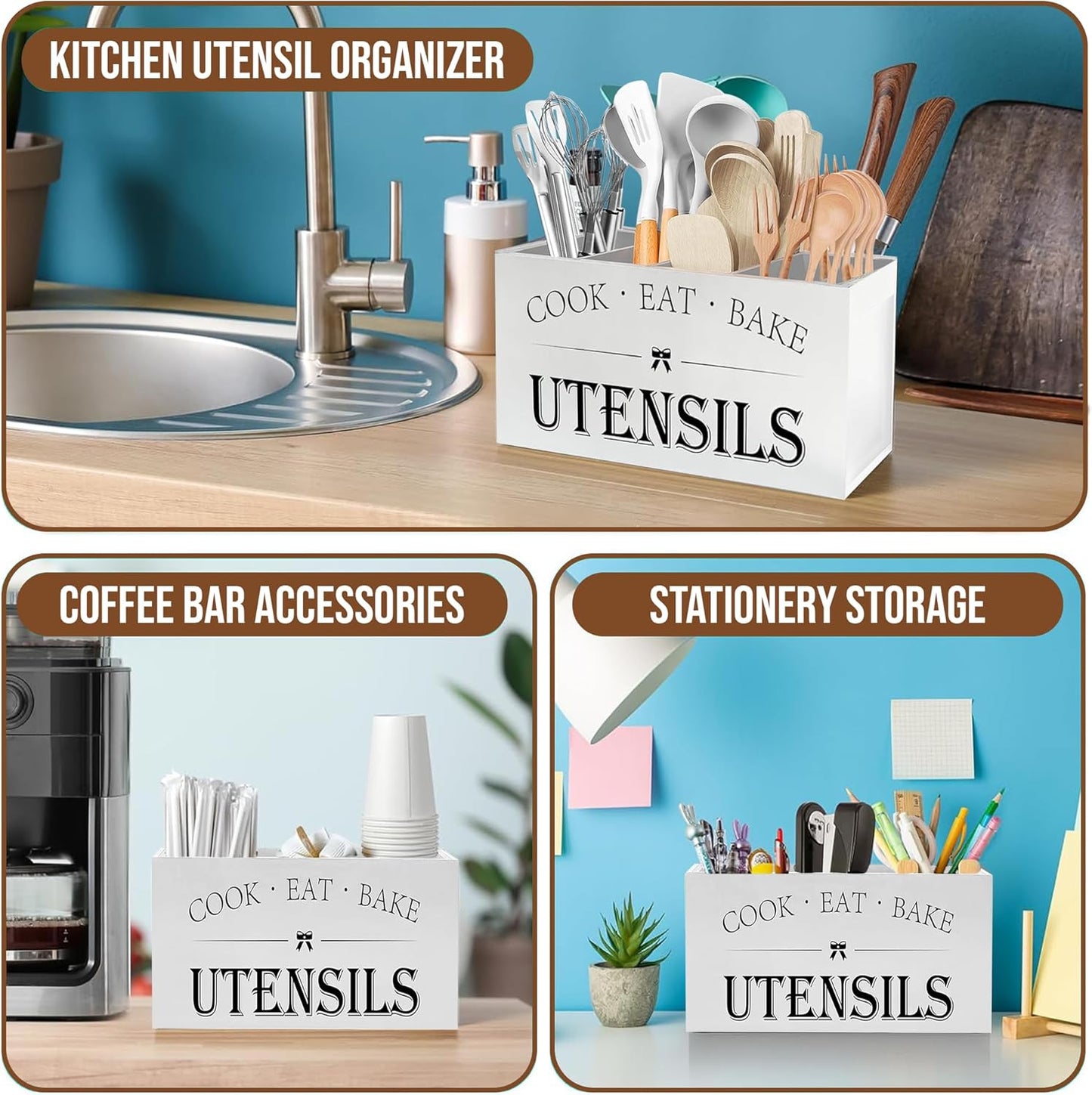 Extra Large Kitchen Utensil Holder with 4 Compartments, Wooden Countertop Organizer, Rustic Black Farmhouse Decor for Cooking Tools, Spoons, Spatulas, Knives & Forks - White Grain