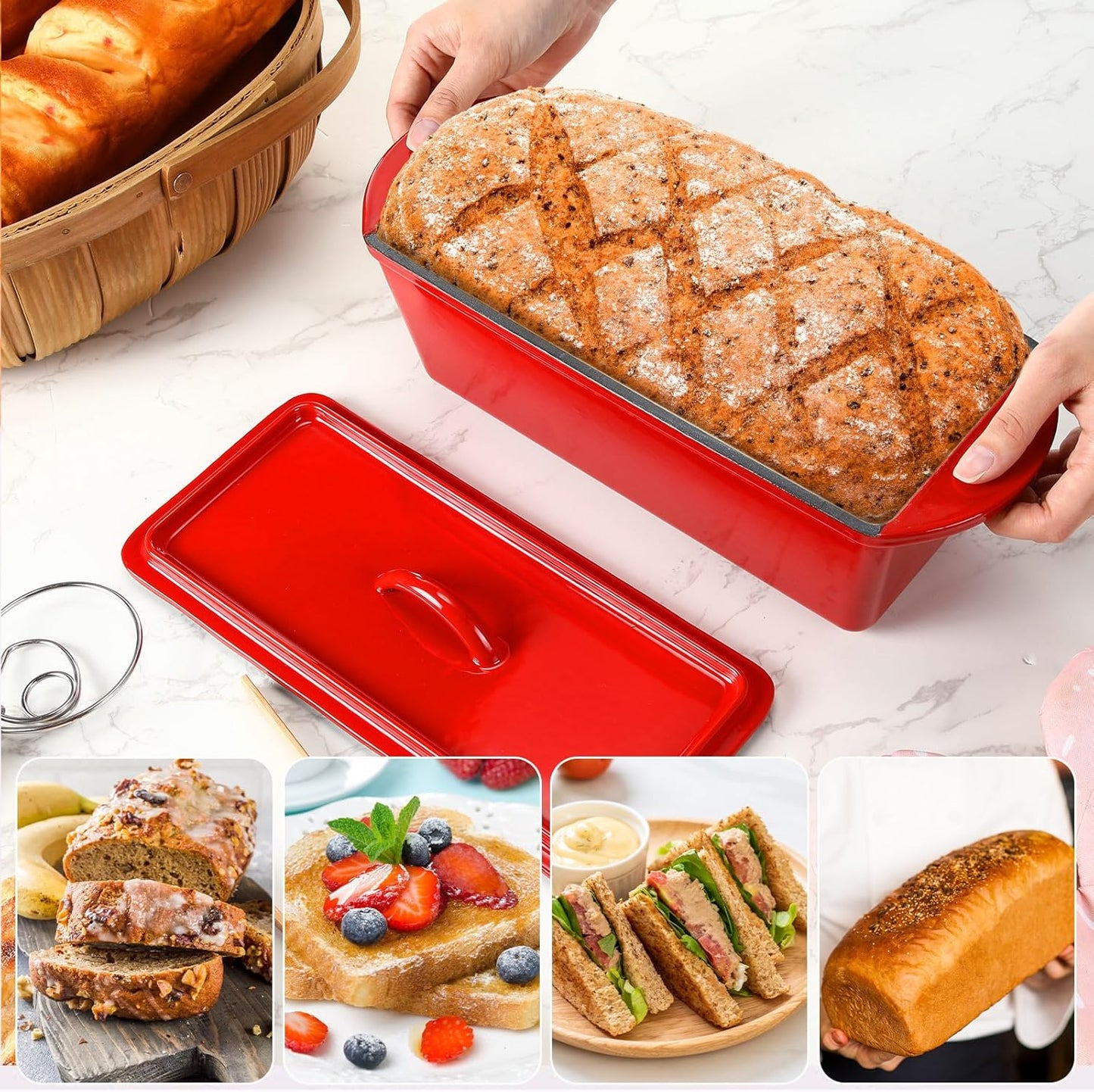 Enamelled Cast Iron Dutch Oven Pot with Lid 4QT Heavy Duty Cast Iron Bread Pan with Dual Handles Nonstick Enameled Cookware for Sourdough Bread Baking Roasting Stewing Braising Frying, Red