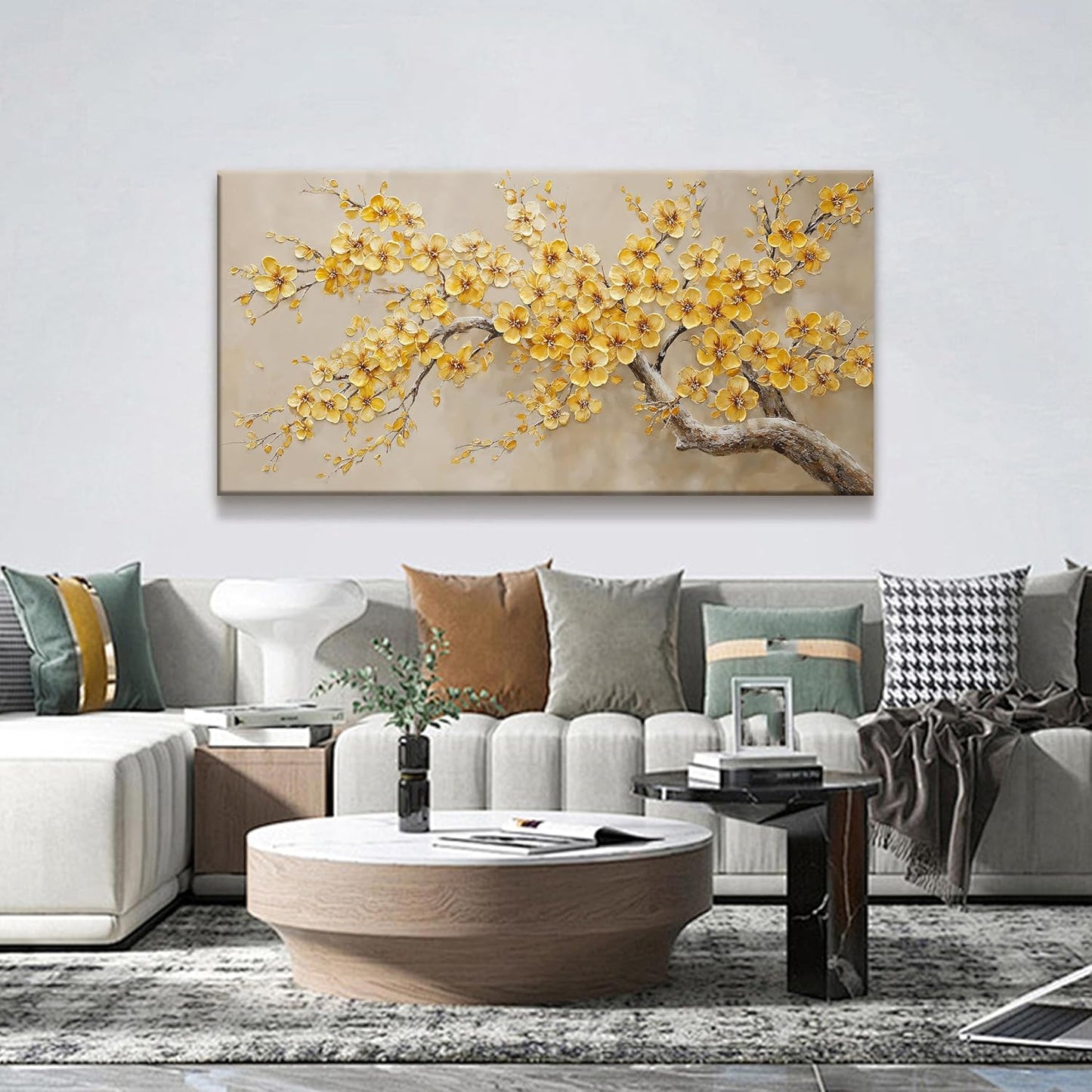 Modern Tree Of Life Wall Art Canvas Prints Ready To Hang Home Wall Decor Golden Yellow Flowers Wall Art Decorations For Living Room Kitchen Bedroom Office Decor 24x48 Inch