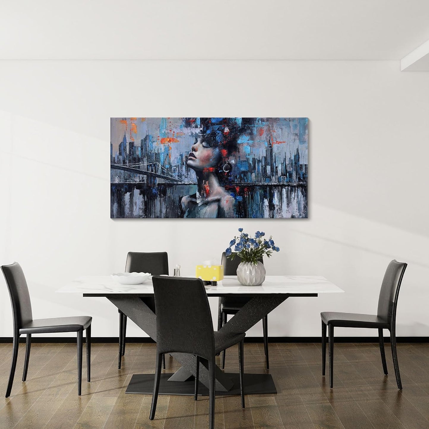 Navy Blue Abstract Wall Art Woman Picture for Living Room Modern Home Bedroom Decoration New York City Framed Cityscape Artwork Decor 24x48IN