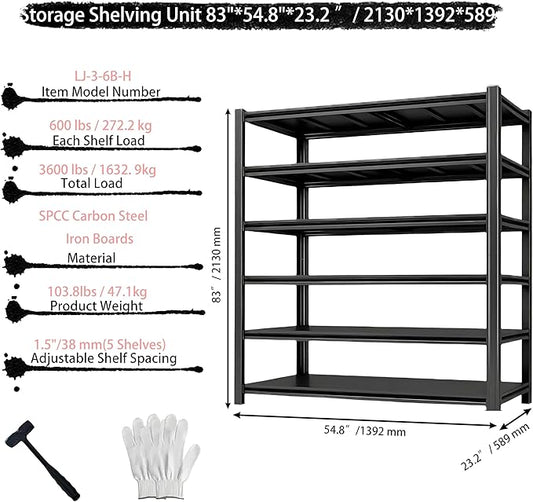 Storage Shelving Unit Adjustable Heavy Duty Garage Shelves 6-Tier Metal Organizer Utility Rack for Kitchen Pantry Basement Pantry Warehouse Laundry Black 83" H x 54.8" W x 23.2" D 3600LBS