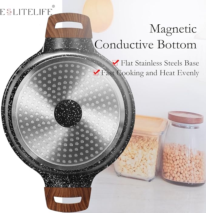 ESLITE LIFE Nonstick Stock Pot with Lid, 3 Quart Granite Casserole Small Soup Pot Pasta Cooking Pot, Induction Compatible, PTFE & PFOA Free, Black