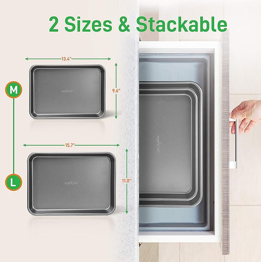 NutriChef 2-Piece Nonstick Stackable Cookie Sheets - Heavy Duty, Non-Toxic Carbon Steel Bakeware Trays, Easy Clean, Warp-Resistant, Large & Medium Sizes - Dishwasher Safe - Gray