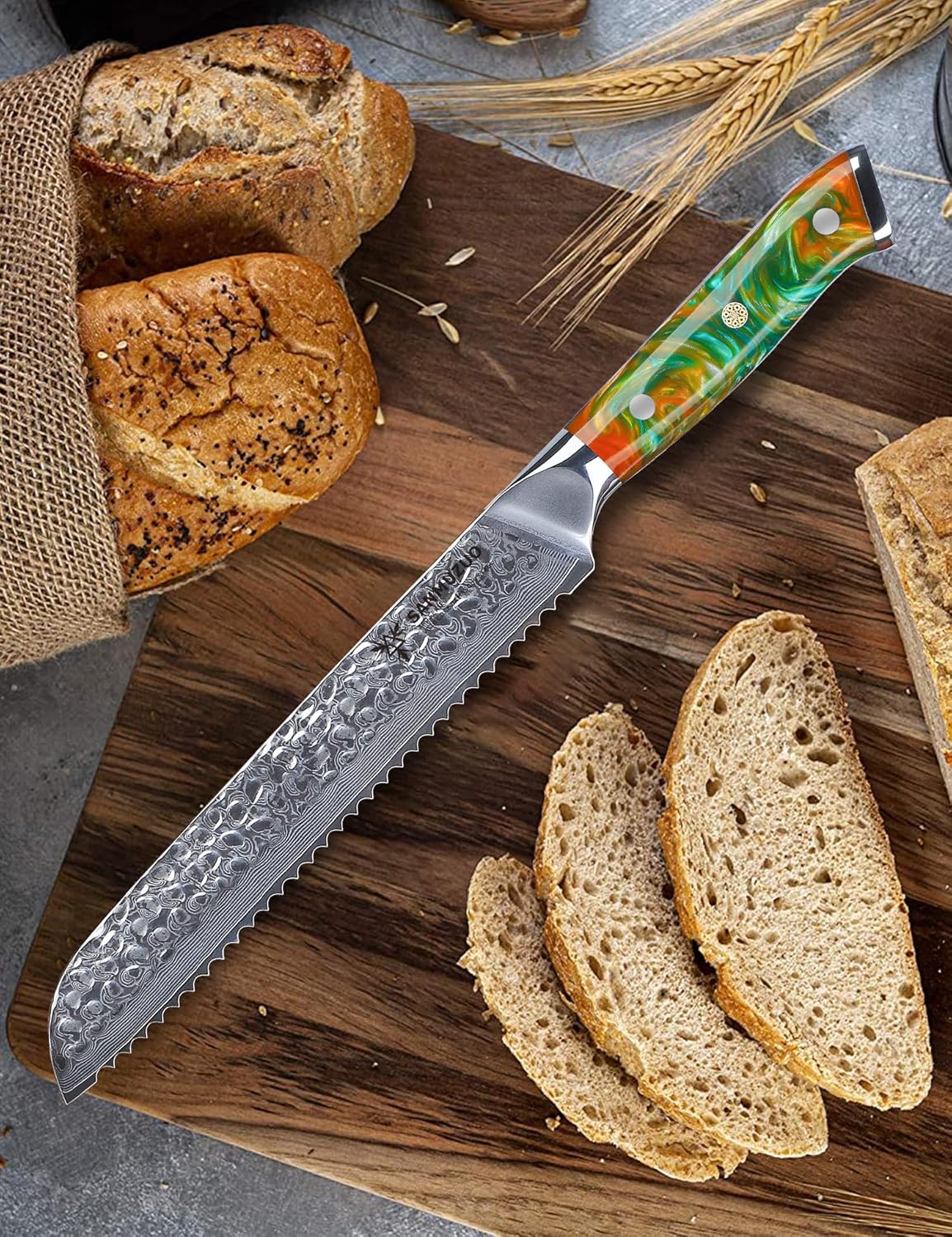 8" Bread Knife Serrated Blade- Hammered Damascus Steel & Resin Handle - Yao Series